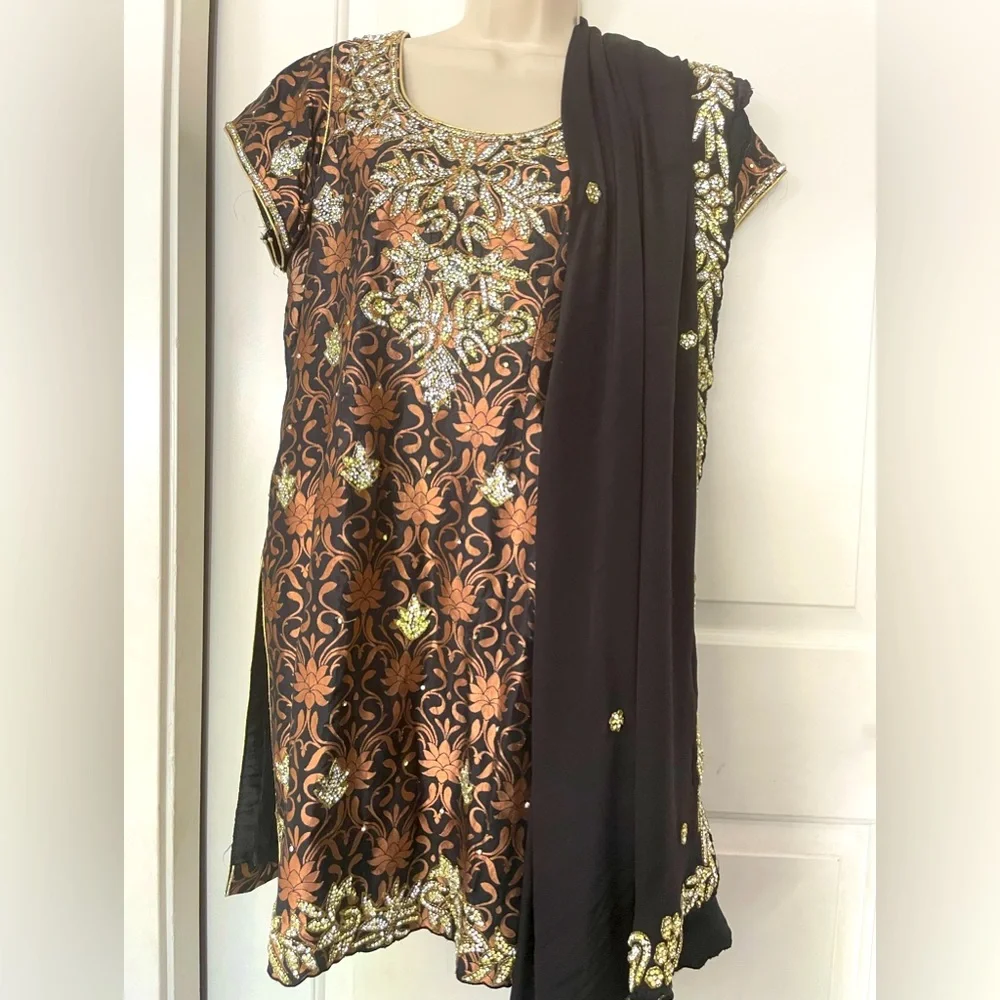 Copper and black Indian suit salwar kameez brocade suit Punjabi Pakistan - Picture 10 of 11